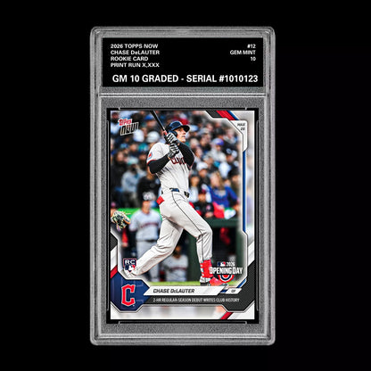 Graded 10 Chase DeLauter RC Rookie #12 2026 Topps Now MLB Opening Day  Baseball