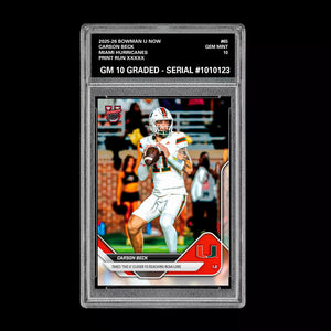 Graded 10 Carson Beck #65 Miami Hurricanes 2025-26 Bowman U NOW  Basketball