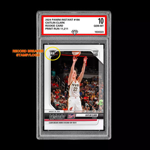 Graded 10 CAITLIN CLARK #186 RC ROOKIE Card 2024 Panini Instant Indiana Fever Basketball