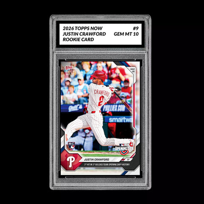Graded 10 Justin Crawford #9 RC Rookie 2026 Topps Now MLB Opening Day  Baseball