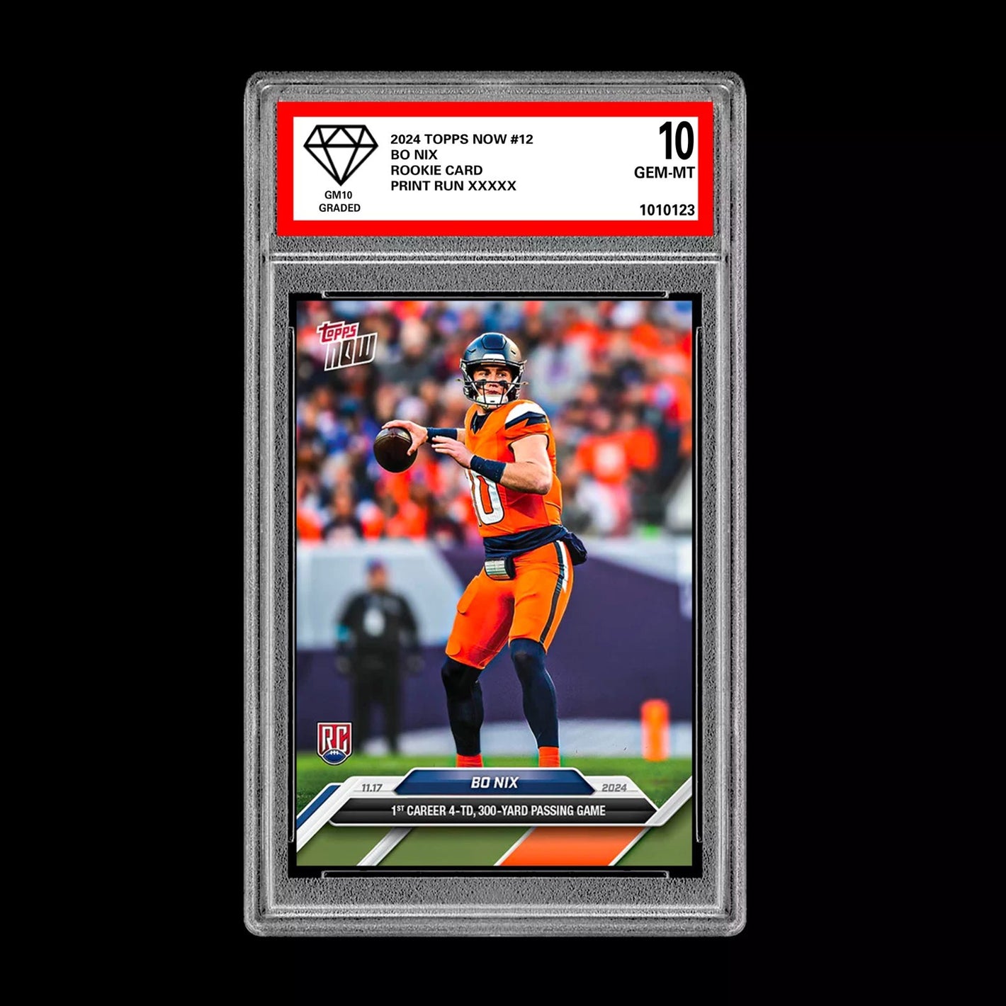 Graded 10 Bo Nix #12 2024 Topps Now RC Rookie 4-TD 300-Yard Passing Card Football