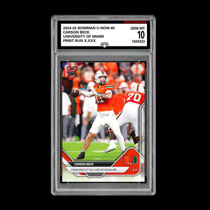 Graded 10 Carson Beck Debut Miami U 2025 Bowman U NOW Football Card 5 RC Rookie Football
