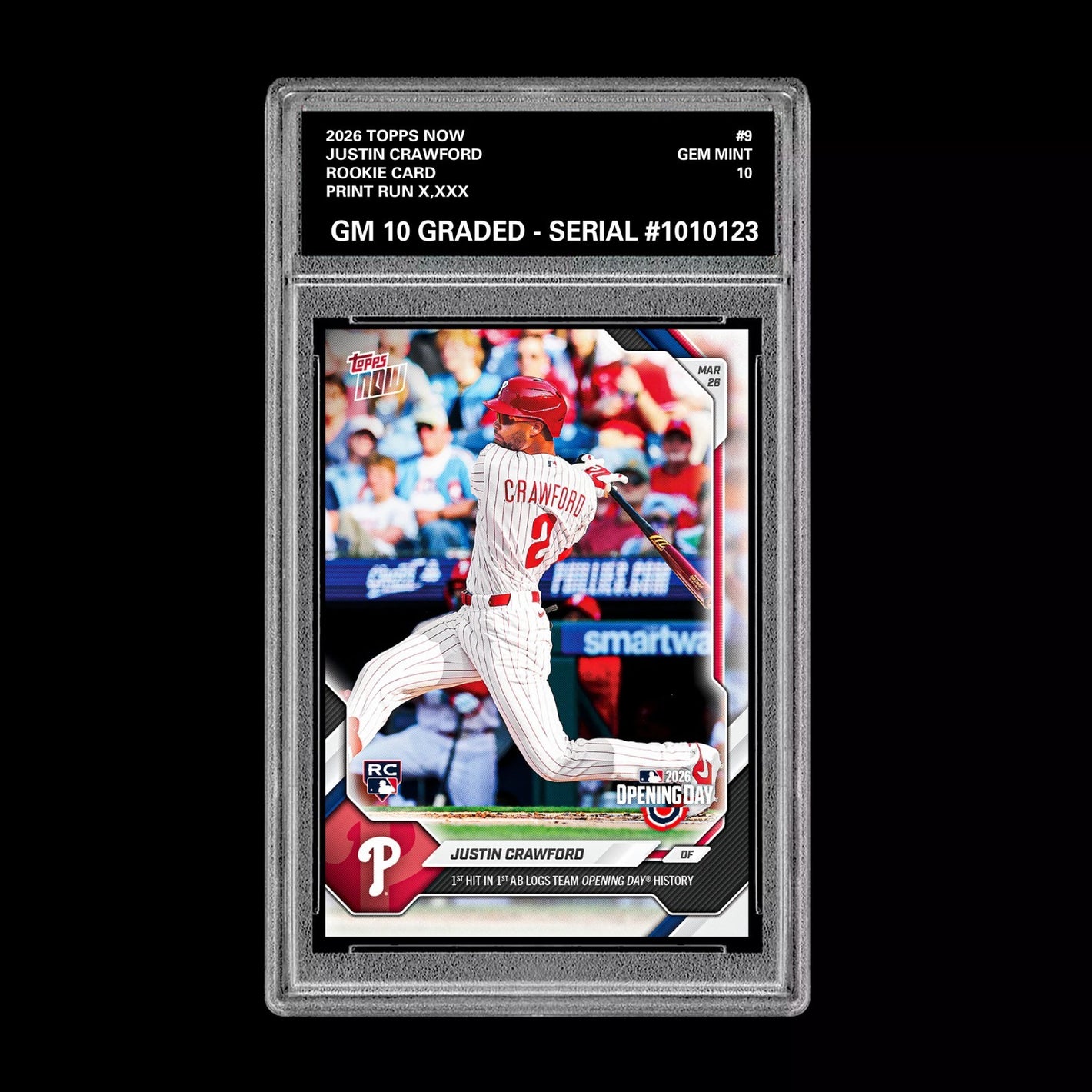 Graded 10 Justin Crawford #9 RC Rookie 2026 Topps Now MLB Opening Day  Baseball