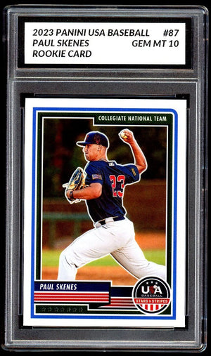 Graded 10 Paul Skenes Rookie Card 2023 MLB PANINI USA BASEBALL 87 Collegiate RC Baseball