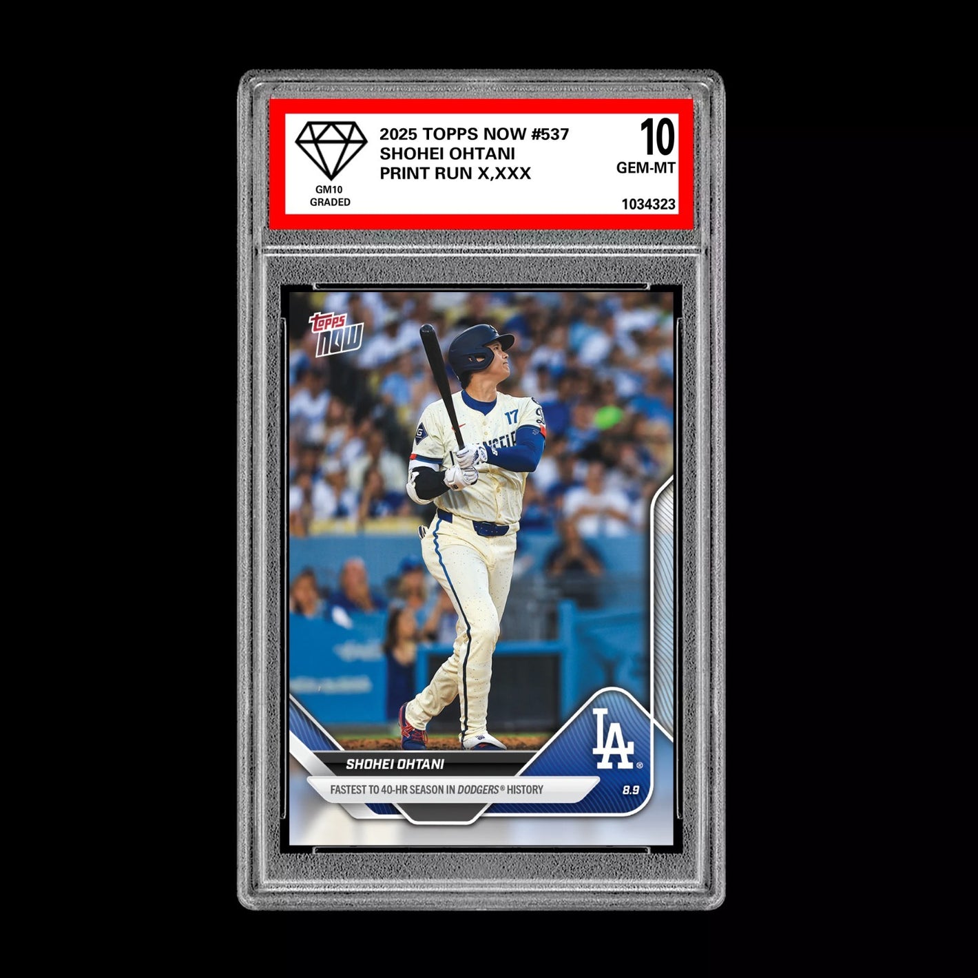Graded 10 Shohei Ohtani - 2025 Topps Now #537 Los Angeles Dodgers Fastest 40 HR Baseball