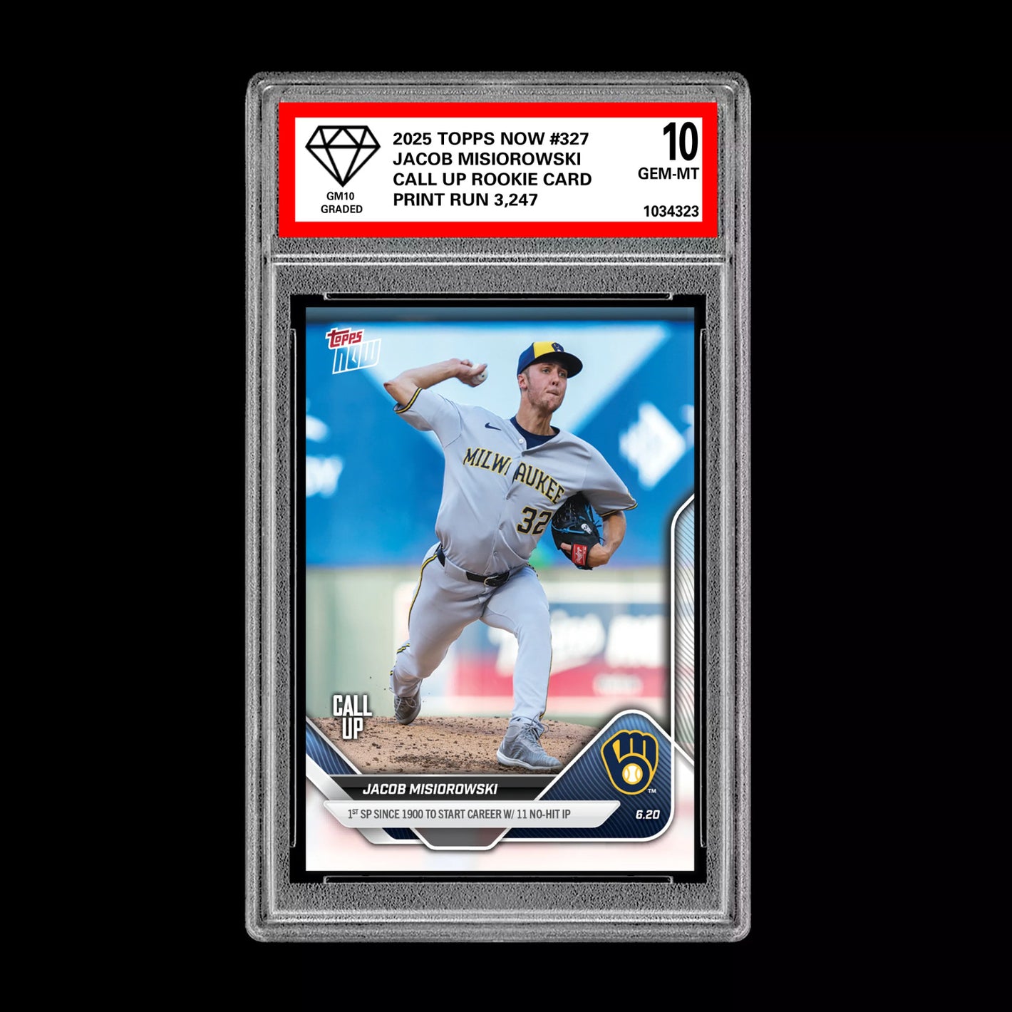 PRESALE Graded 10 Jacob Misiorowski - 2025 TOPPS NOW #327 RC Rookie Call Up Card Baseball