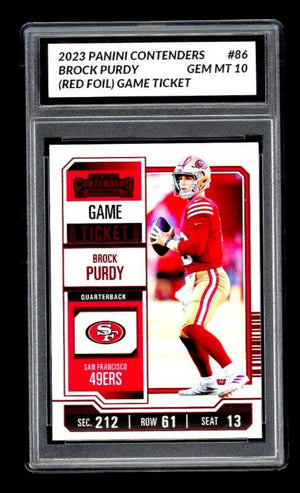 Graded 10 Brock Purdy #86 RED FOIL 2023 Contenders Season Ticket 49ers RC Rookie Football