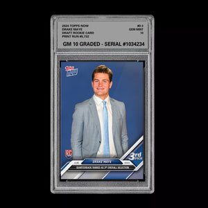 Graded 10 Drake Maye RC Rookie 2024 NFL Draft TOPPS NOW #D-3 3rd Pick Patriots Football