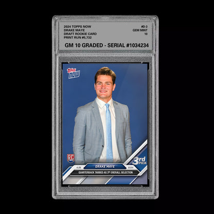 Graded 10 Drake Maye RC Rookie 2024 NFL Draft TOPPS NOW #D-3 3rd Pick Patriots Football