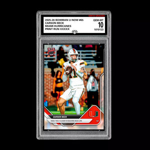 Graded 10 Carson Beck #65 Miami Hurricanes 2025-26 Bowman U NOW  Basketball