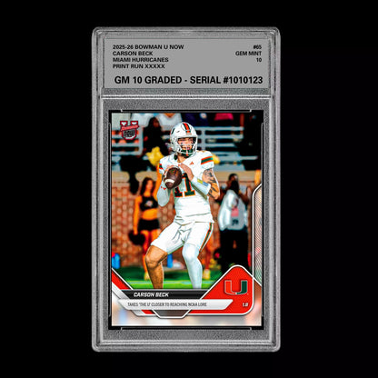 Graded 10 Carson Beck #65 Miami Hurricanes 2025-26 Bowman U NOW  Basketball