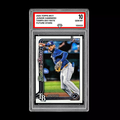 Graded 10 Junior Caminero #477 2025 Topps Future Stars Tampa Bay Rays Baseball
