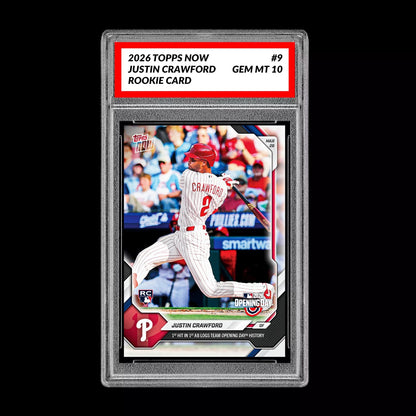 Graded 10 Justin Crawford #9 RC Rookie 2026 Topps Now MLB Opening Day  Baseball