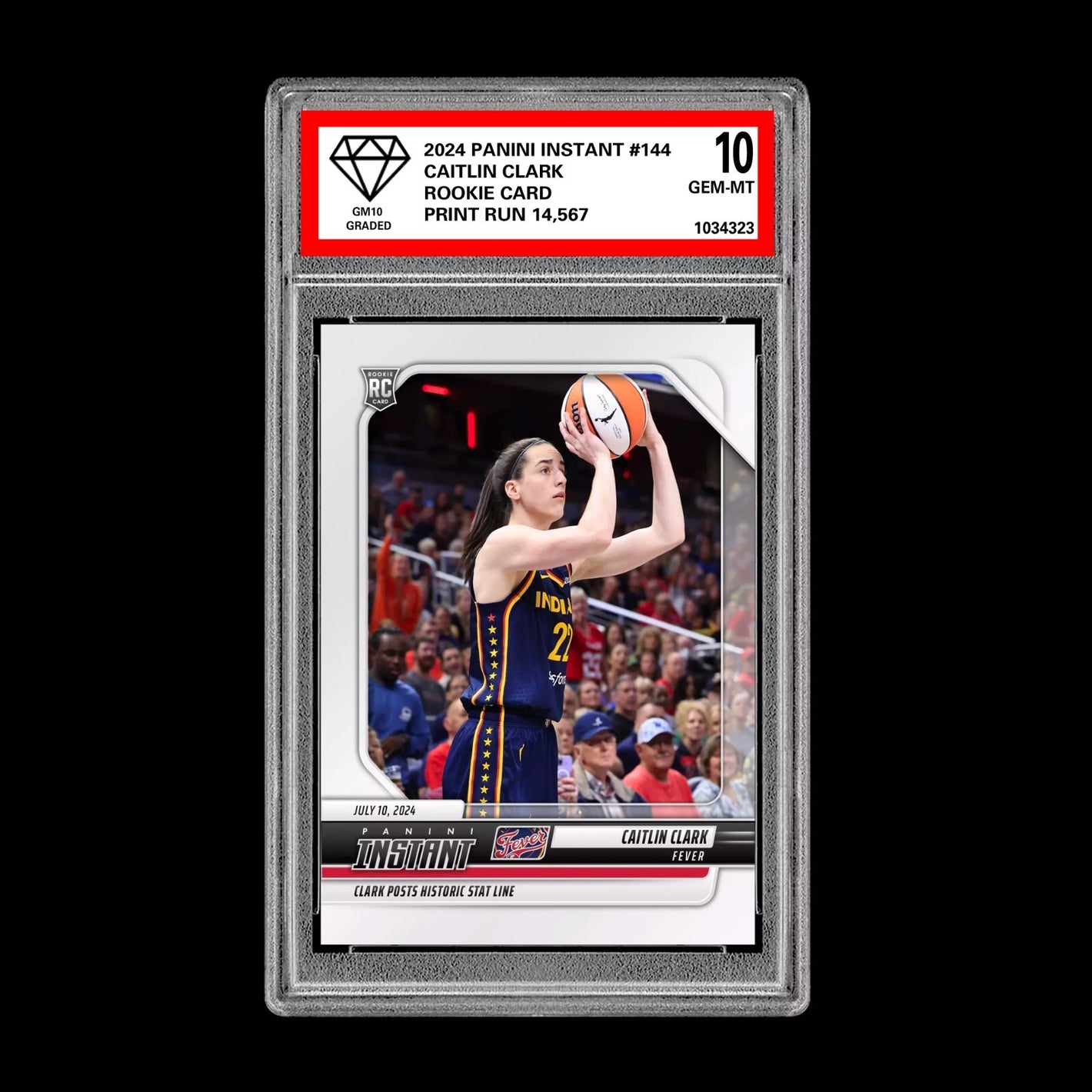 Graded 10 CAITLIN CLARK #144 RC Rookie Card 2024 Panini Instant Indiana Fever Basketball