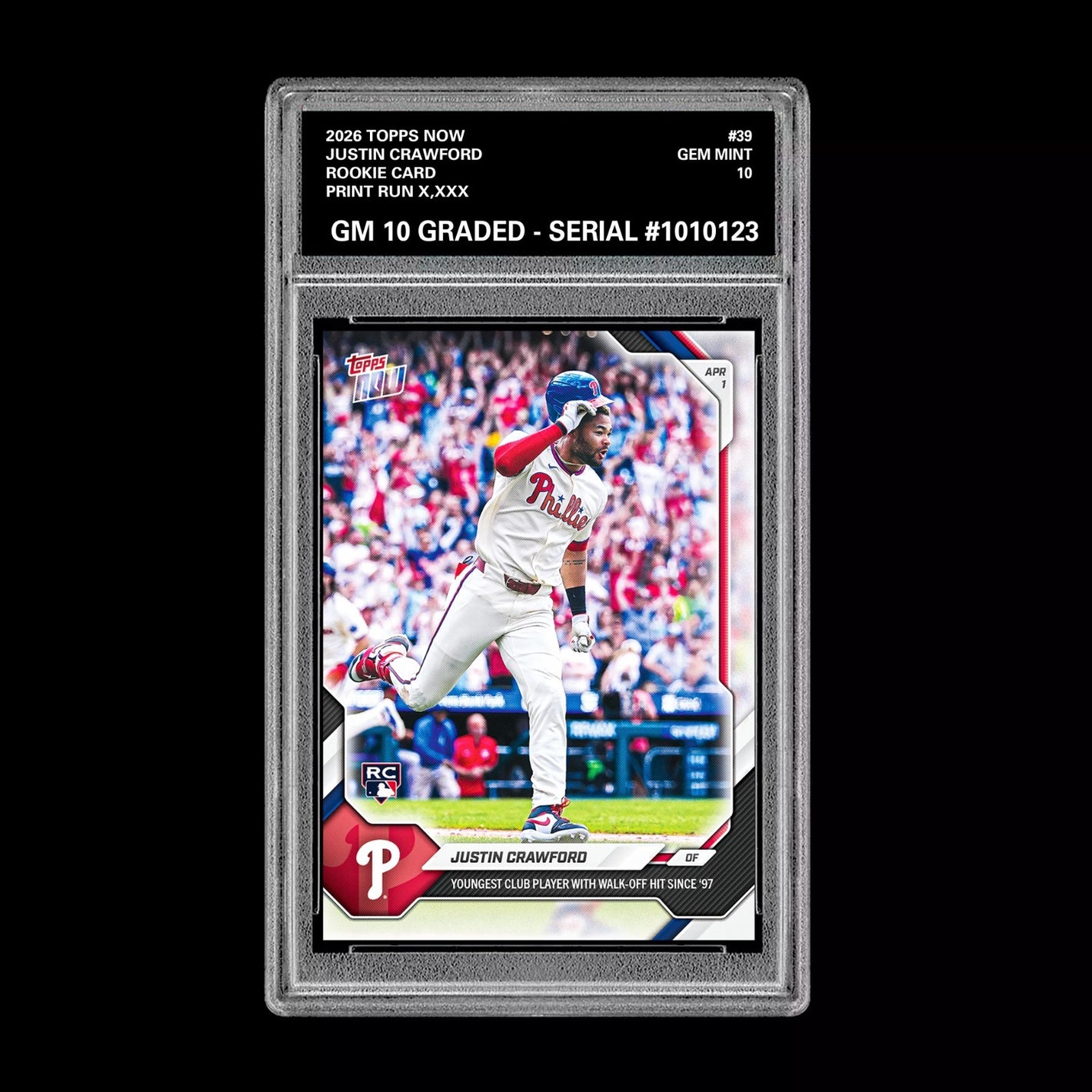 Graded 10 Justin Crawford Rookie RC Card #39 2026 Topps NOW Phillies  Baseball