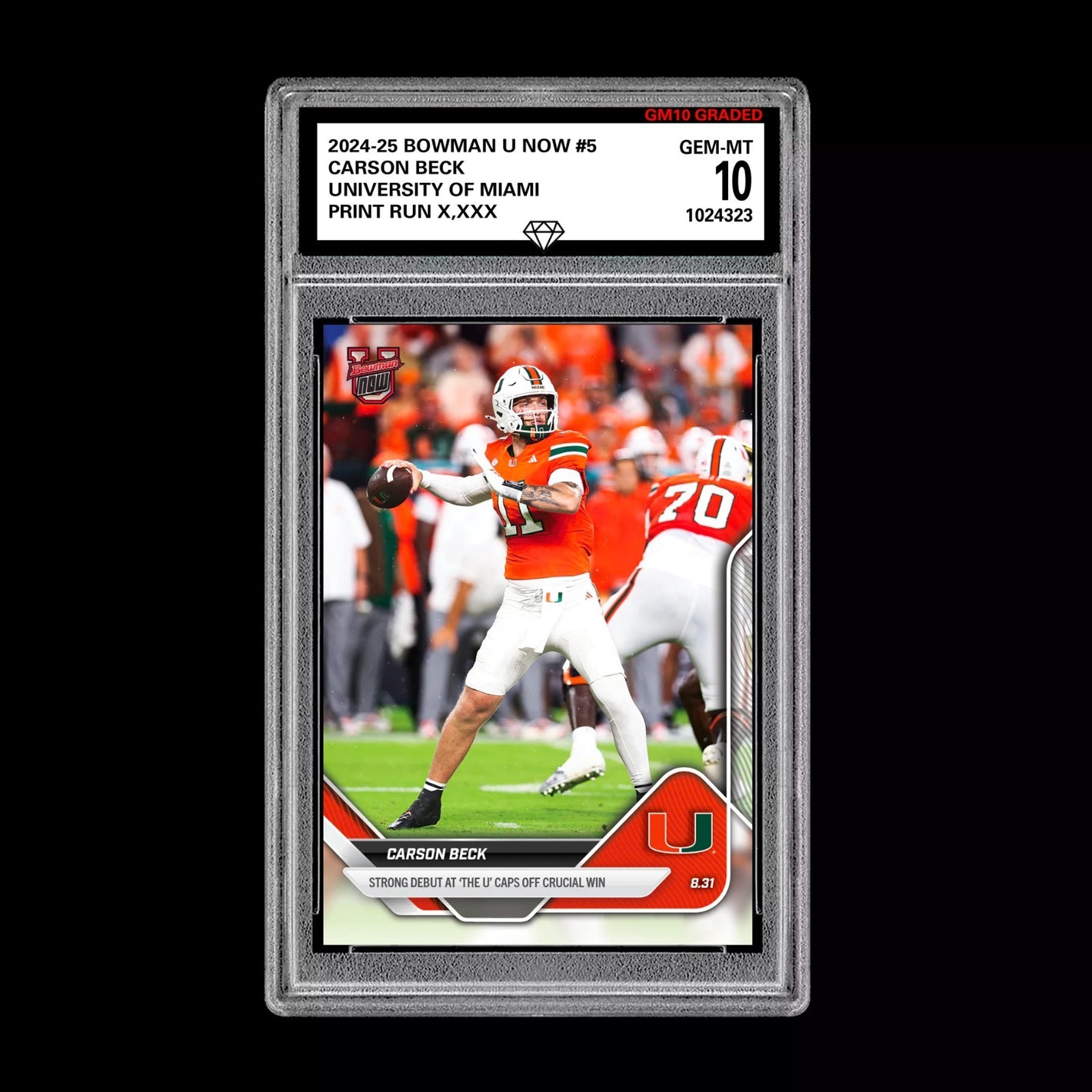 Graded 10 Carson Beck Debut Miami U 2025 Bowman U NOW Football Card 5 RC Rookie Football