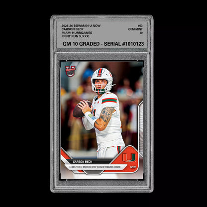 Graded 10 Carson Beck 2025-26 Bowman U Now #63 Miami Hurricanes PRESALE Football