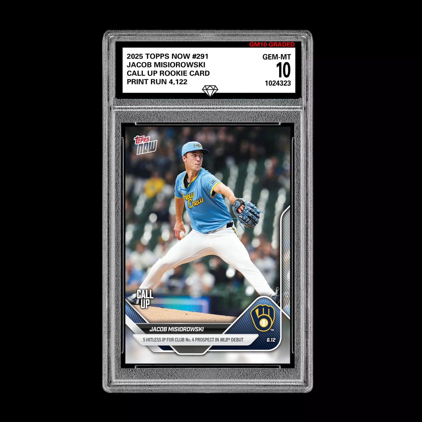 Graded 10 Jacob Misiorowski - 2025 TOPPS NOW #291 RC Rookie Call Up Card Baseball