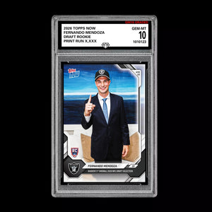 Graded 10 Fernando Mendoza  2025-26 TOPPS NOW RC Rookie Card Raiders Draft Football
