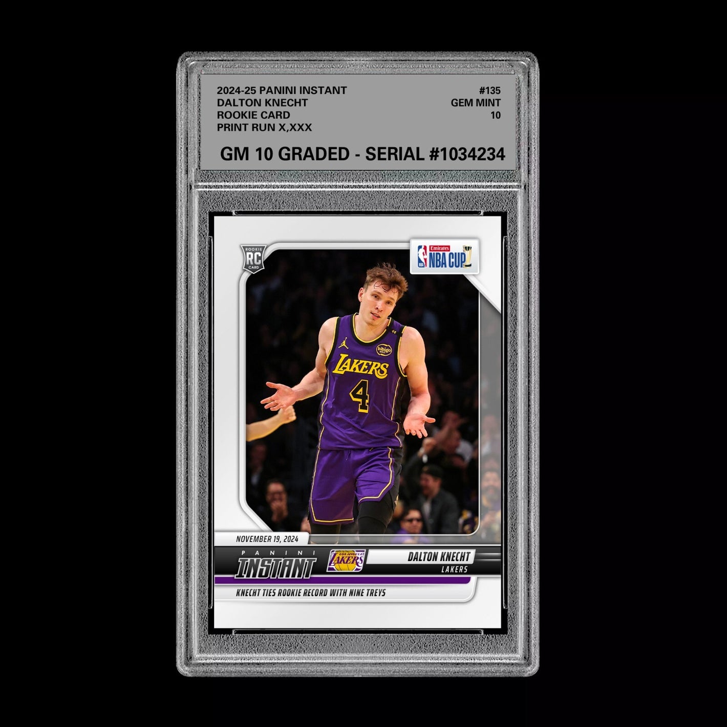 Graded 10 Dalton Knecht #135 LA Lakers Rookie RC 2024 Panini Instant NBA Basketball