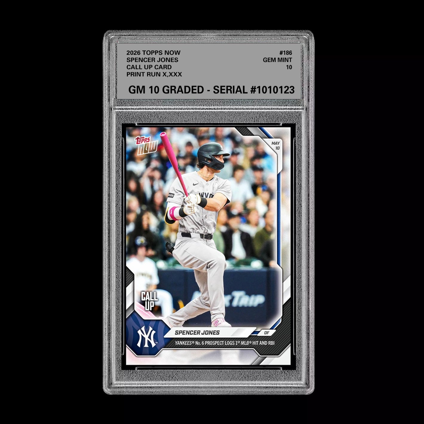 Graded 10 Spencer Jones 2026 Topps NOW #186Call Up Rookie Card Yankees PRESALE Baseball
