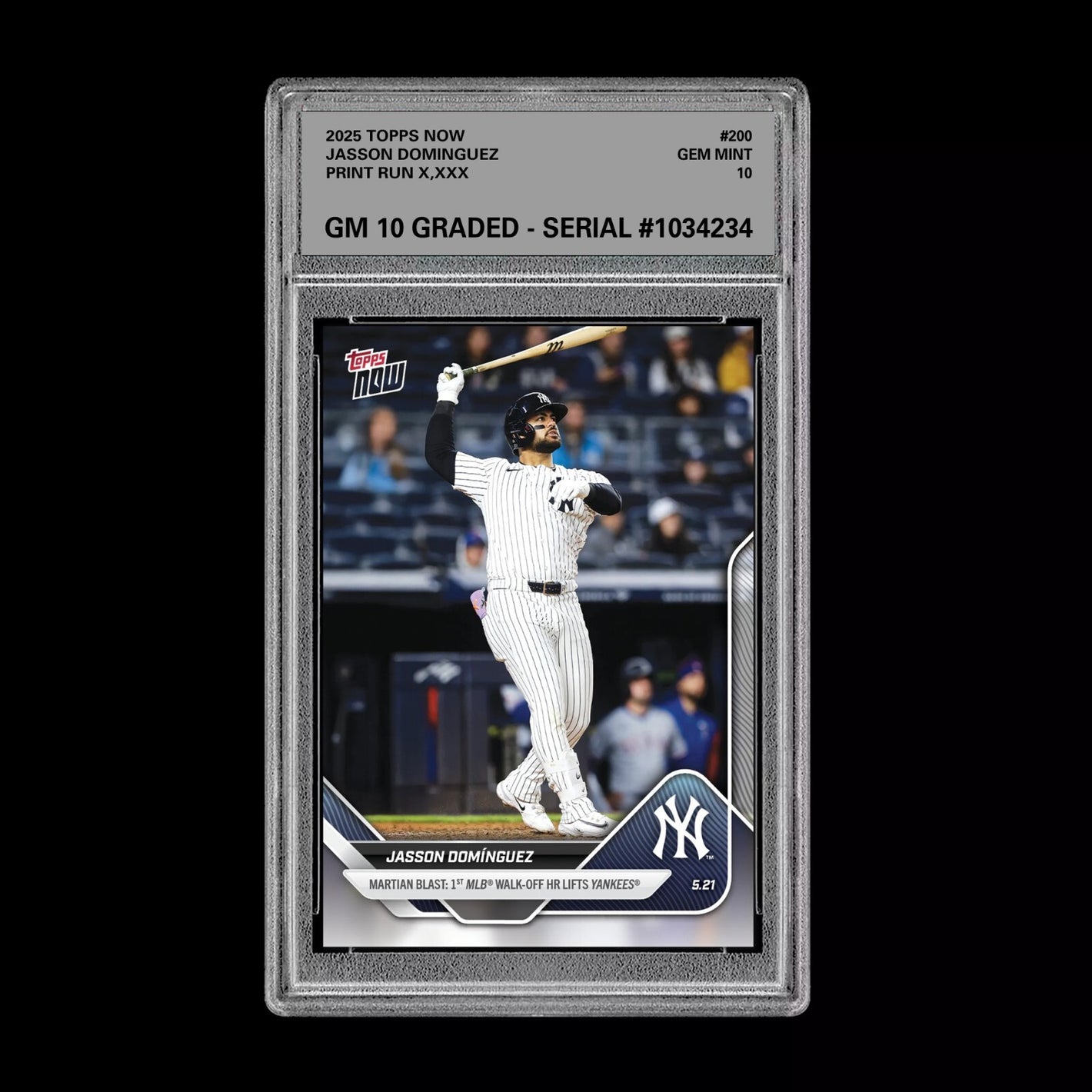 Graded 10 Jasson Dominguez 1st MLB Walk-Off 2025 MLB Topps NOW Card #200  Baseball