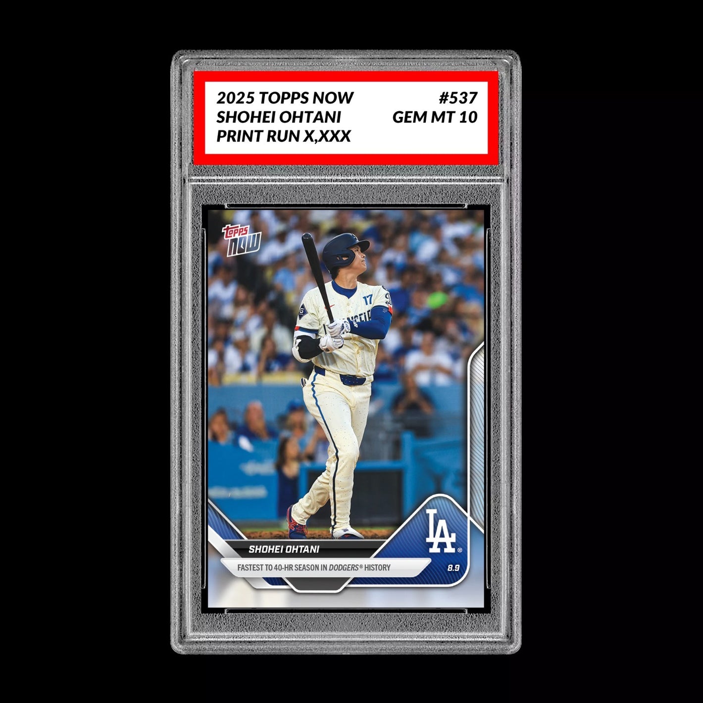 Graded 10 Shohei Ohtani - 2025 Topps Now #537 Los Angeles Dodgers Fastest 40 HR Baseball