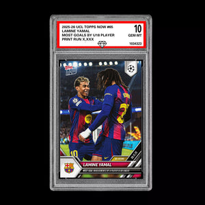 Graded 10 Lamine Yamal 2025-26 UCL Topps Now Most Goals U18 Rookie Card Presale Soccer