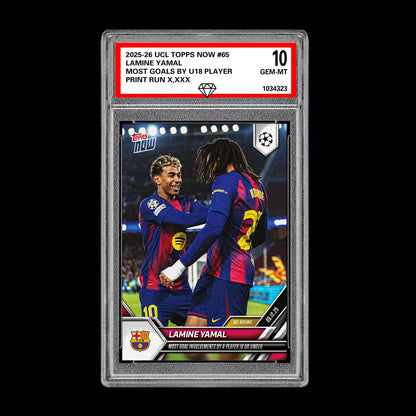 Graded 10 Lamine Yamal 2025-26 UCL Topps Now Most Goals U18 Rookie Card Presale Soccer