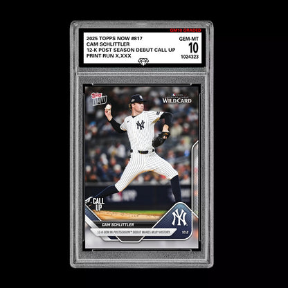 Graded 10 Cam Schlittler #817 2025 MLB Topps Now 12-K Post RC Rookie Card Baseball