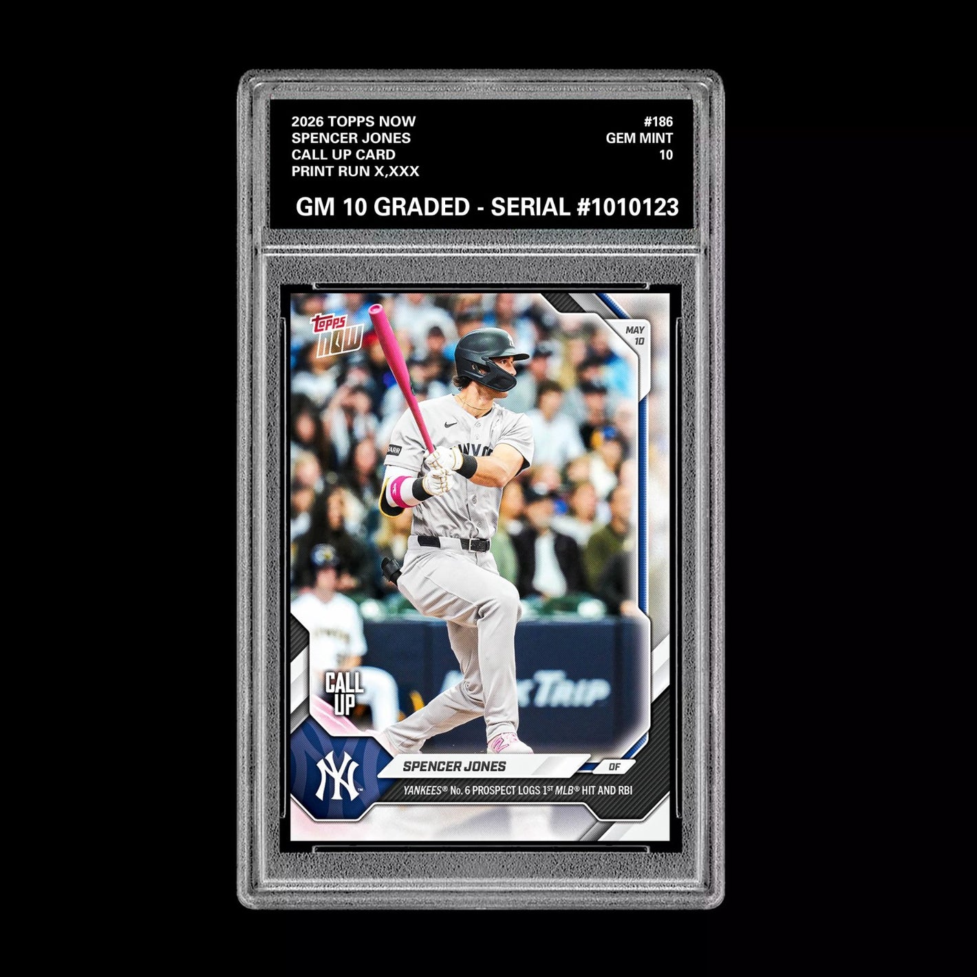 Graded 10 Spencer Jones 2026 Topps NOW #186Call Up Rookie Card Yankees PRESALE Baseball