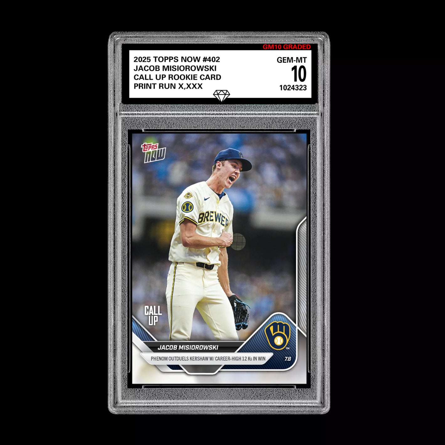 Graded 10 Jacob Misiorowski - 2025 TOPPS NOW #402 RC Rookie Call Up Card Baseball