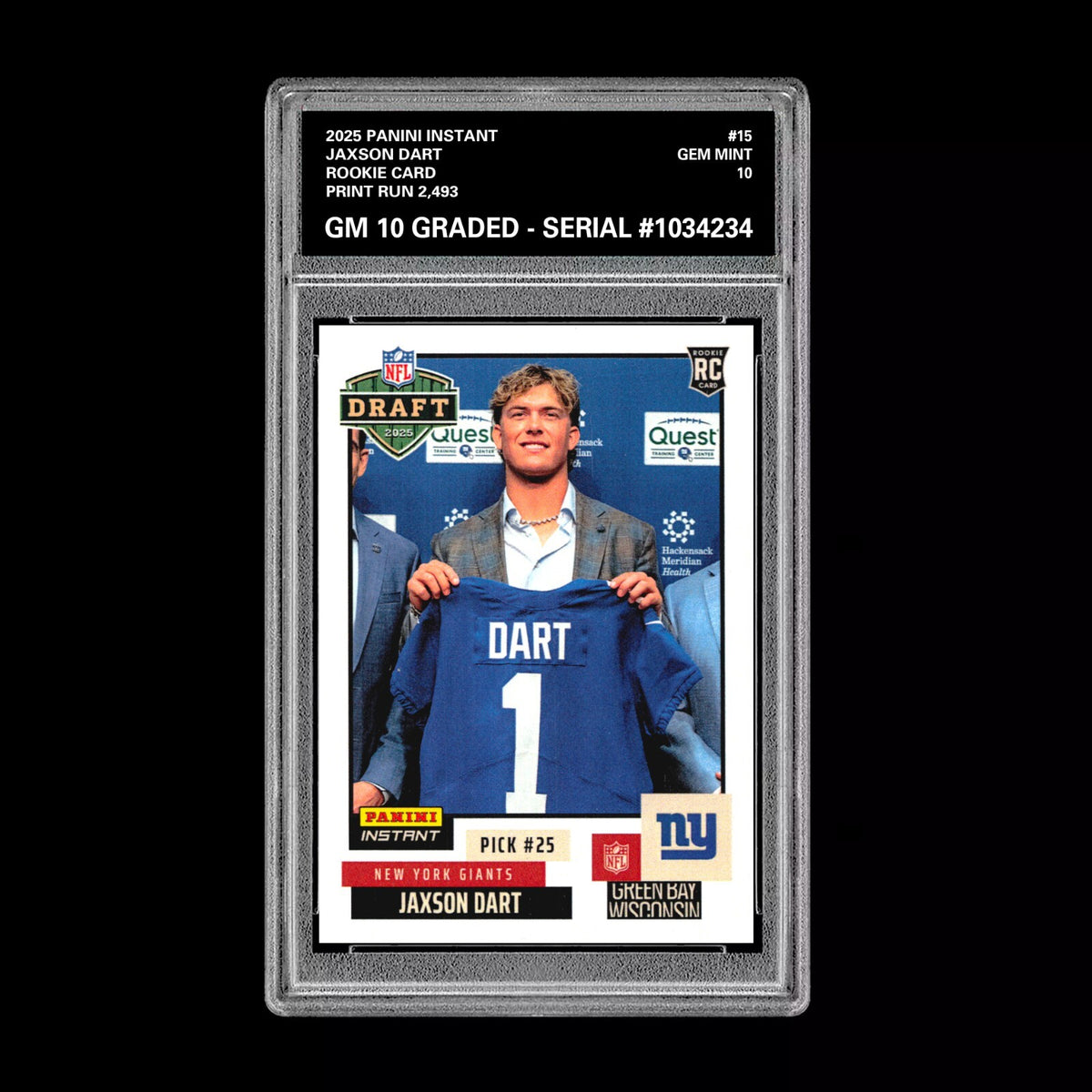 Graded 10 Jaxson Dart RC Rookie 2025 Panini Instant NFL Draft #15 NY Giants Football