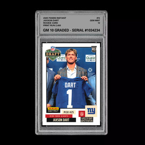 Graded 10 Jaxson Dart RC Rookie 2025 Panini Instant NFL Draft #15 NY Giants Football