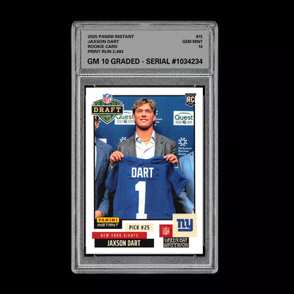 Graded 10 Jaxson Dart RC Rookie 2025 Panini Instant NFL Draft #15 NY Giants Football