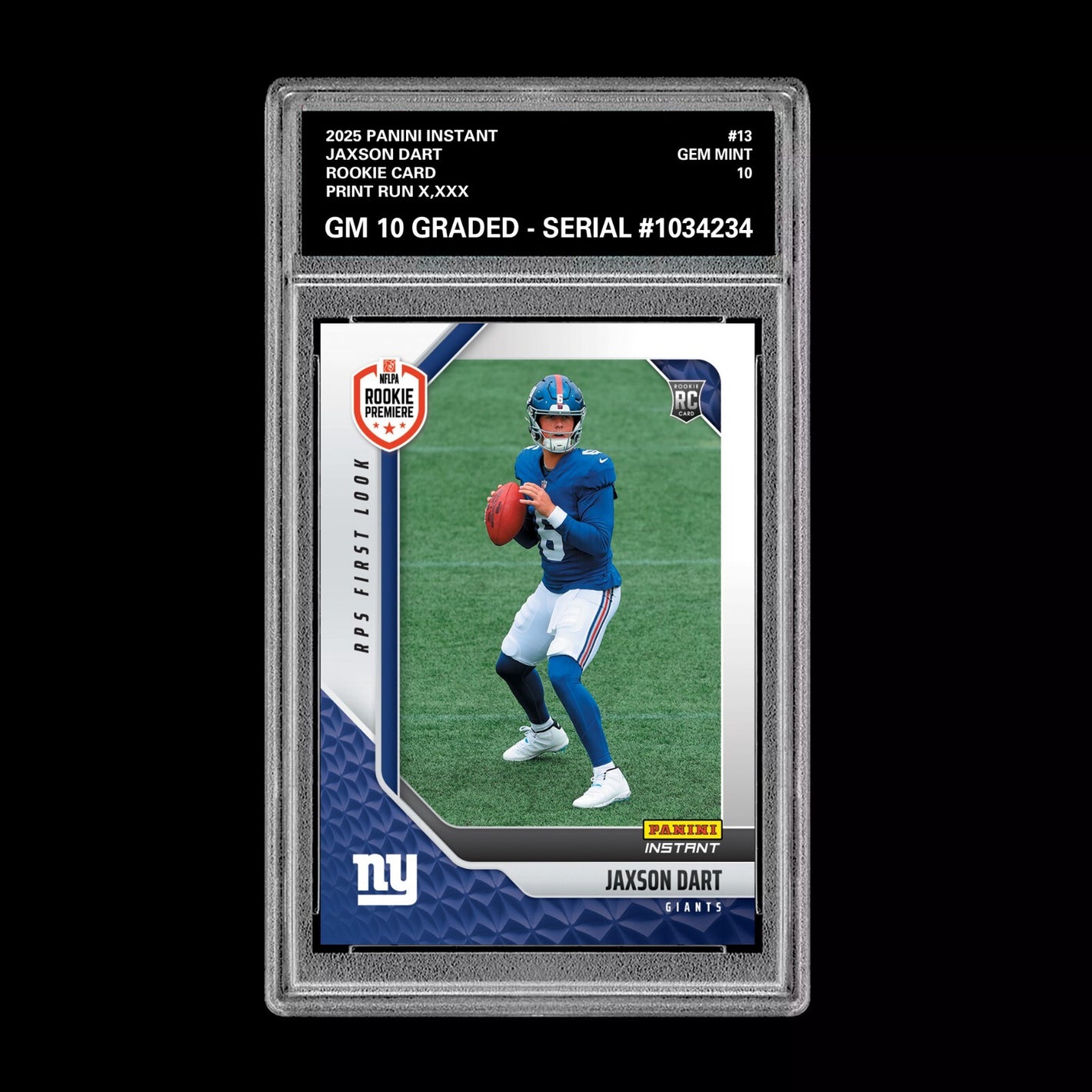 Graded 10 Jaxson Dart #13 RC Rookie 2025 Panini Instant NFL RPS Premiere  Football