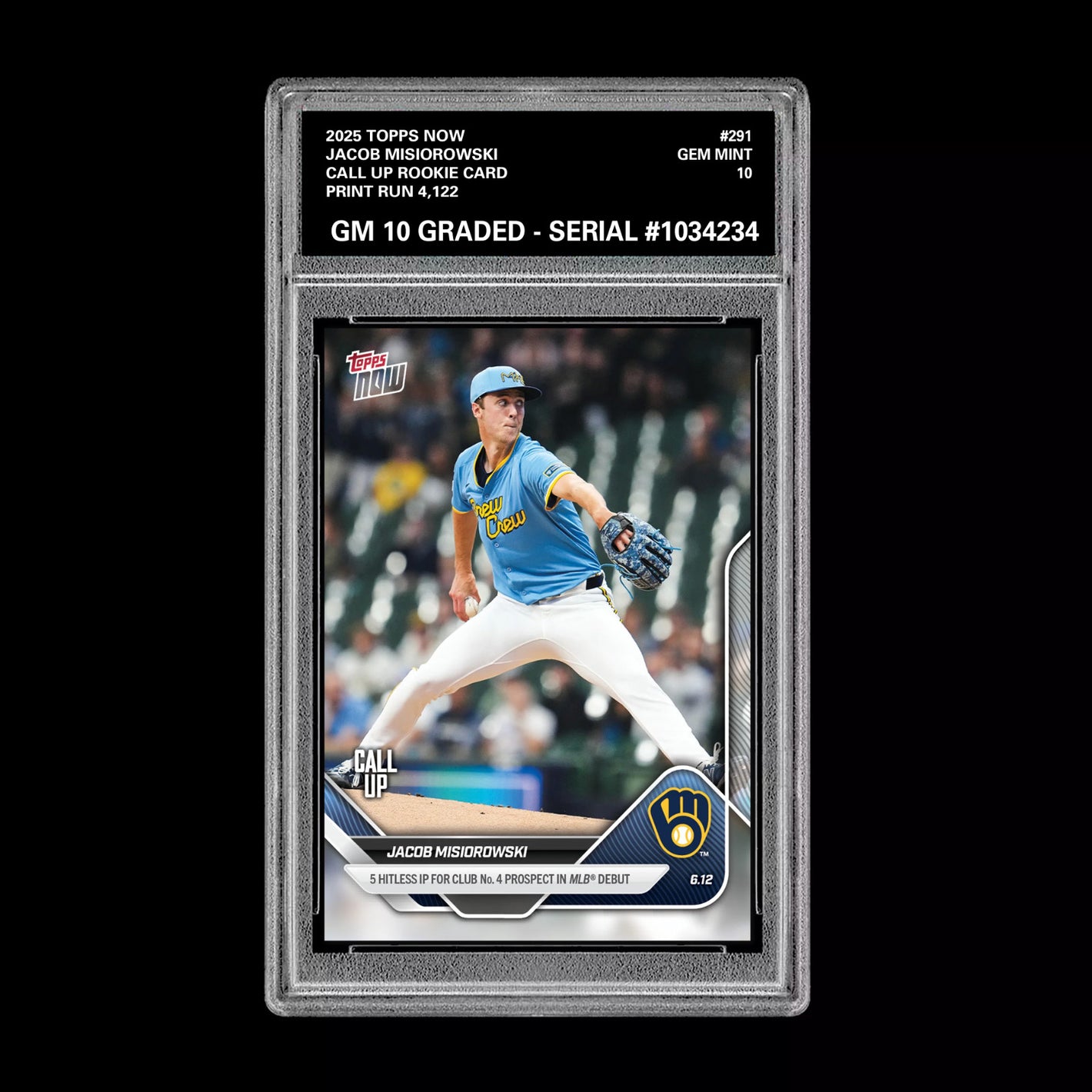 Graded 10 Jacob Misiorowski - 2025 TOPPS NOW #291 RC Rookie Call Up Card Baseball