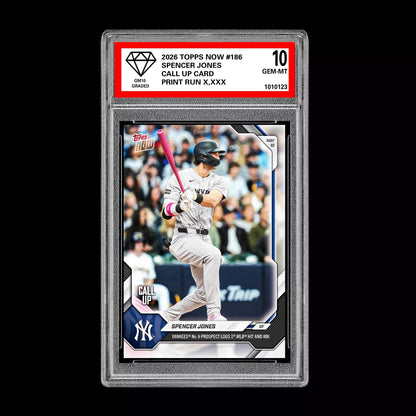 Graded 10 Spencer Jones 2026 Topps NOW #186Call Up Rookie Card Yankees PRESALE Baseball