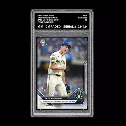 Graded 10 Jacob Misiorowski - 2025 TOPPS NOW #402 RC Rookie Call Up Card Baseball