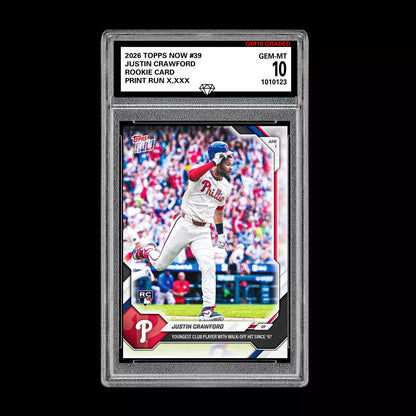 Graded 10 Justin Crawford Rookie Card 39 2026 Topps NOW Phillies PRESALE Baseball