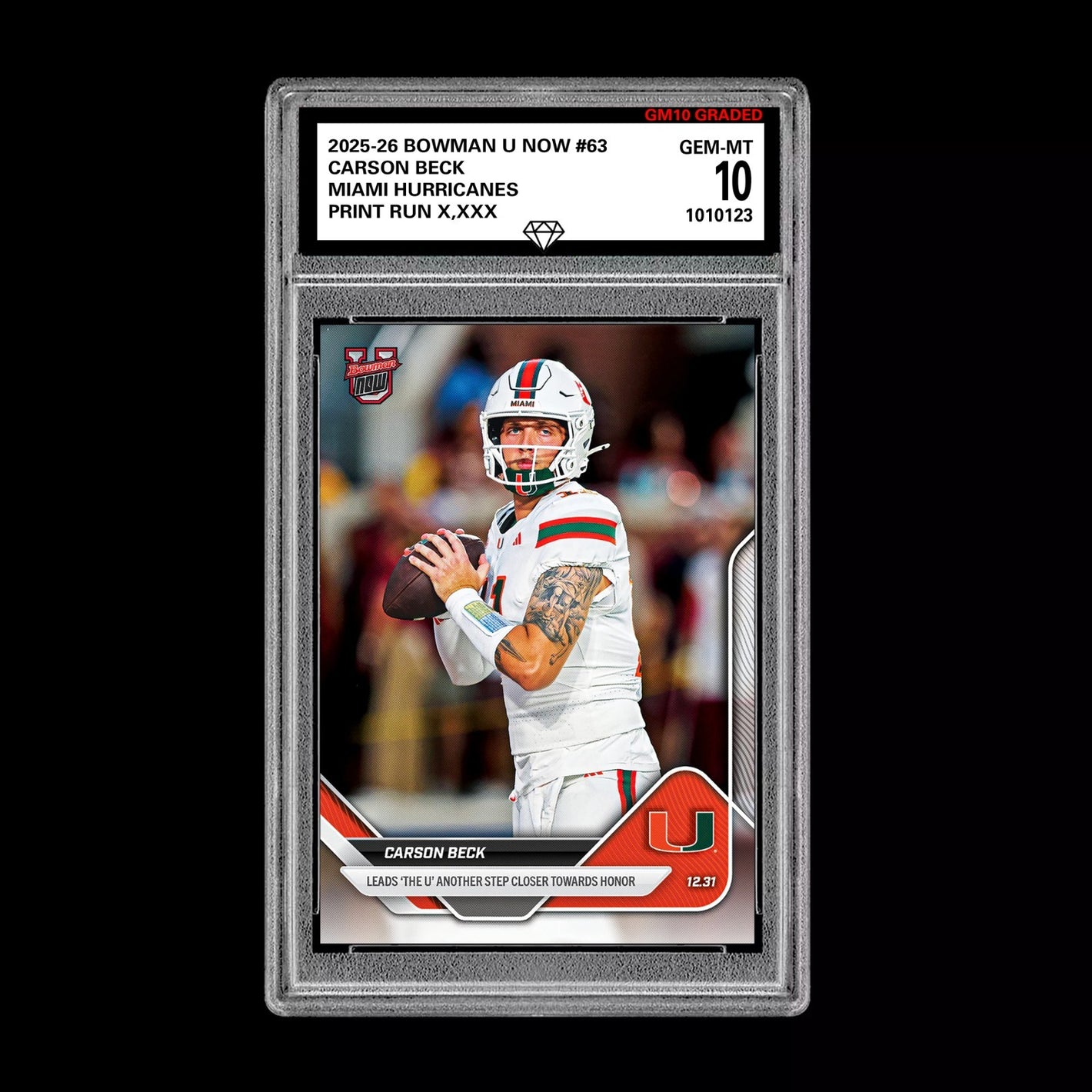 Graded 10 Carson Beck 2025-26 Bowman U Now #63 Miami Hurricanes PRESALE Football