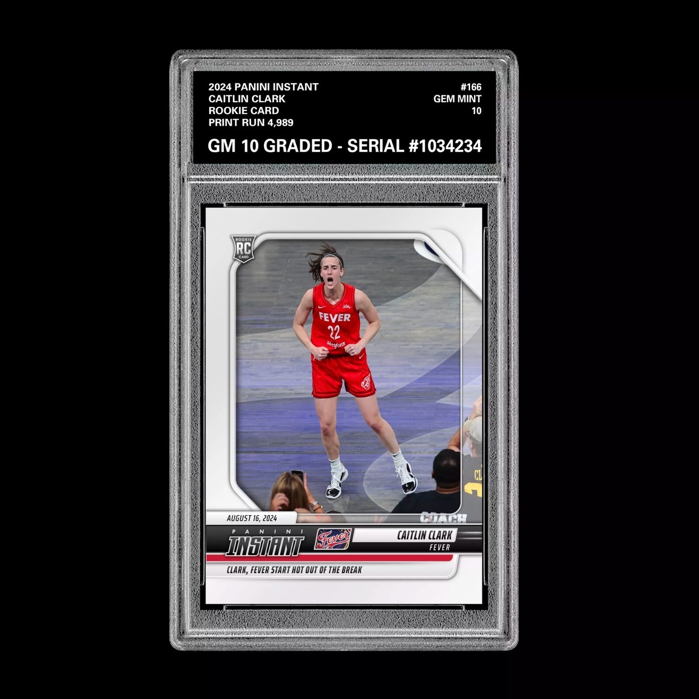 Graded 10 CAITLIN CLARK #166 RC Rookie Card 2024 Panini Instant Indiana Fever Basketball