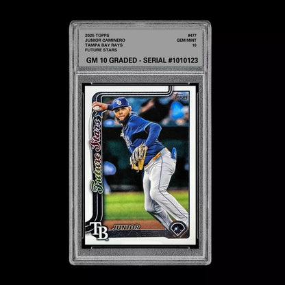 Graded 10 Junior Caminero #477 2025 Topps Future Stars Tampa Bay Rays Baseball