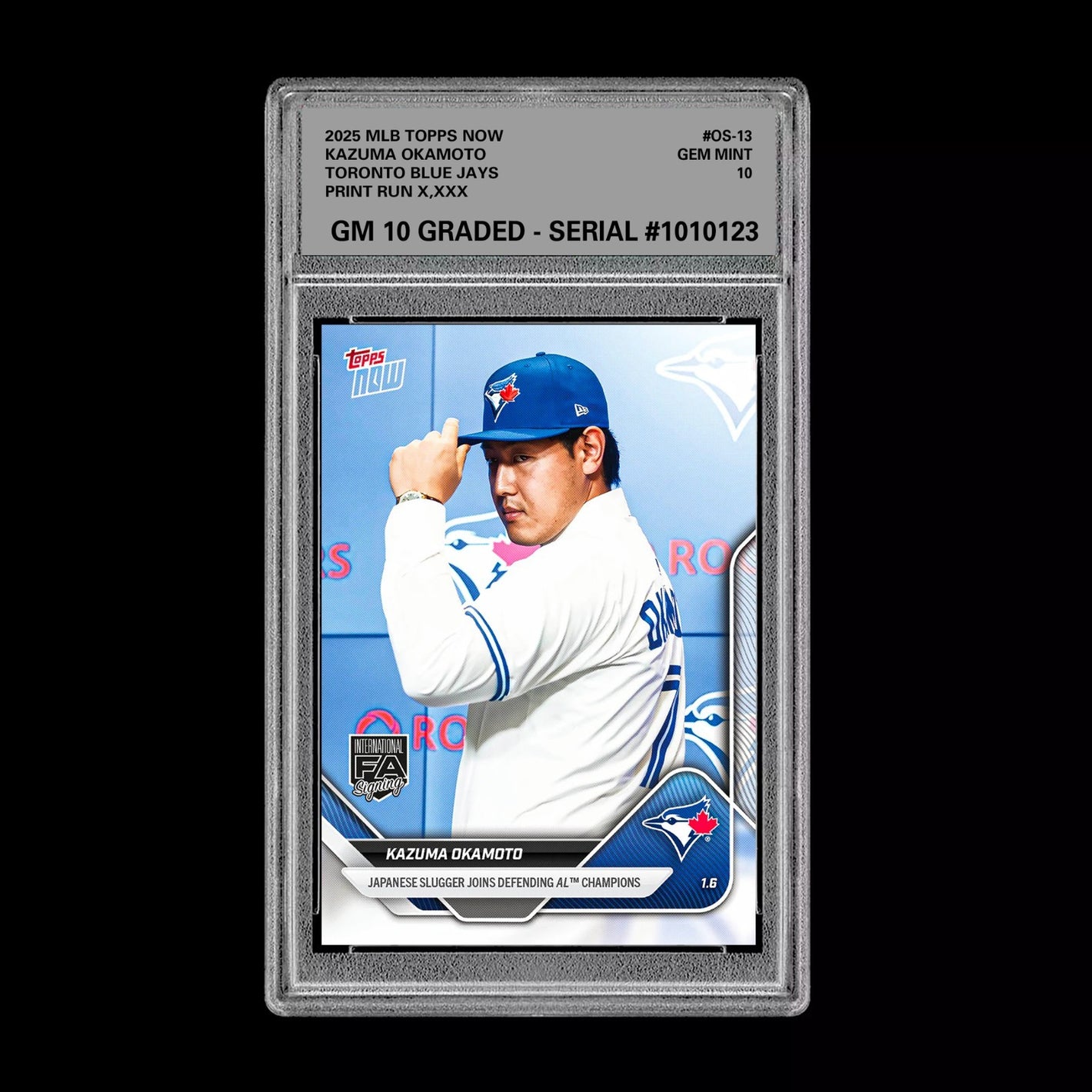 Graded 10 Kazuma Okamoto OS-13 2025 MLB Topps NOW Card PRESALE Toronto Blue Jays Baseball