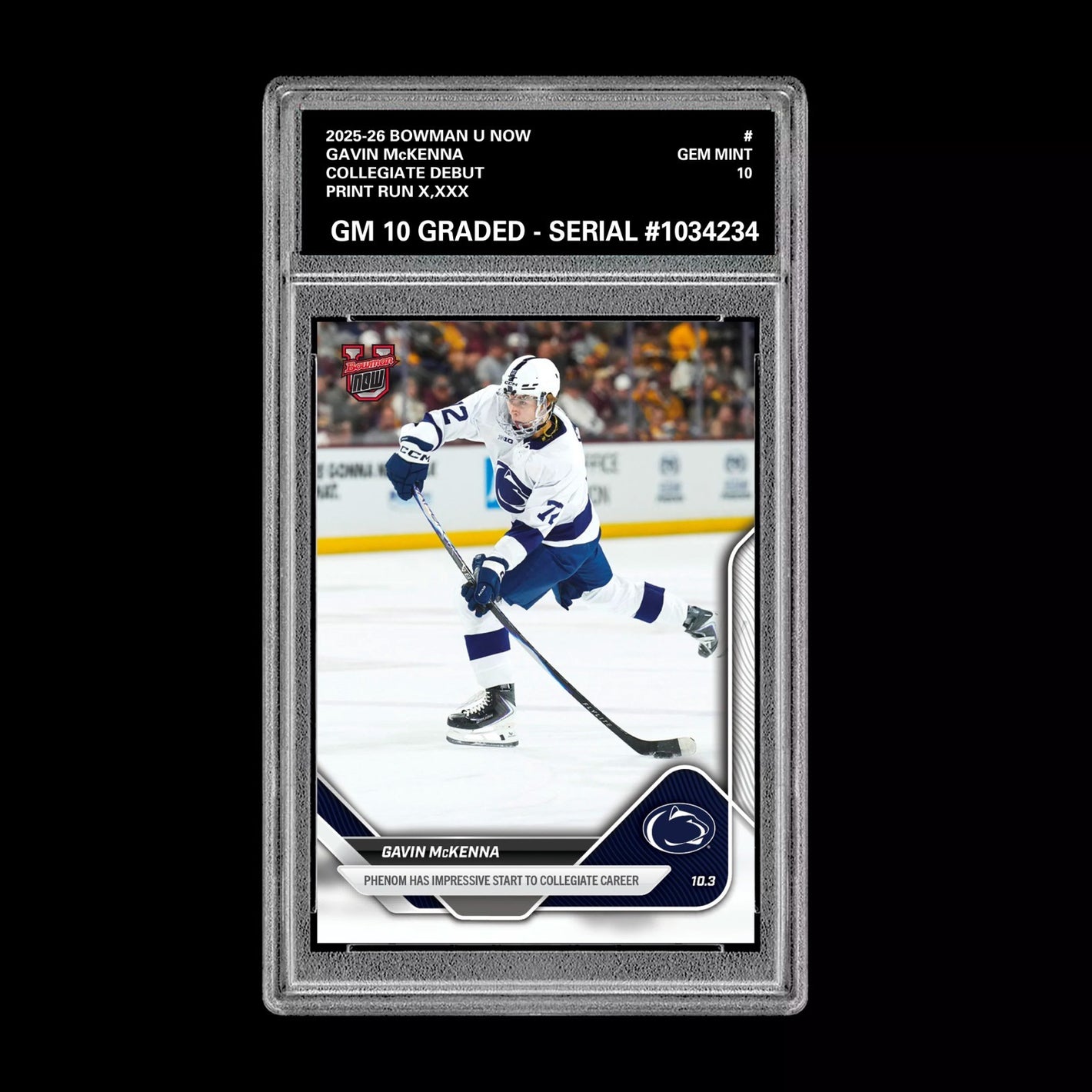 Graded 10 Gavin McKenna #1 Topps Now Bowman U Rookie Penn State Hockey RC Card Ice Hockey