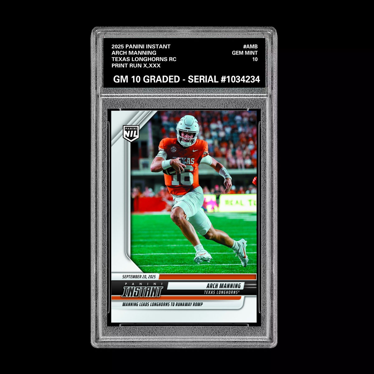 Graded 10 Arch Manning RC 2025-26 Panini Instant NIL NCAA #AMC Texas Rookie Card Football