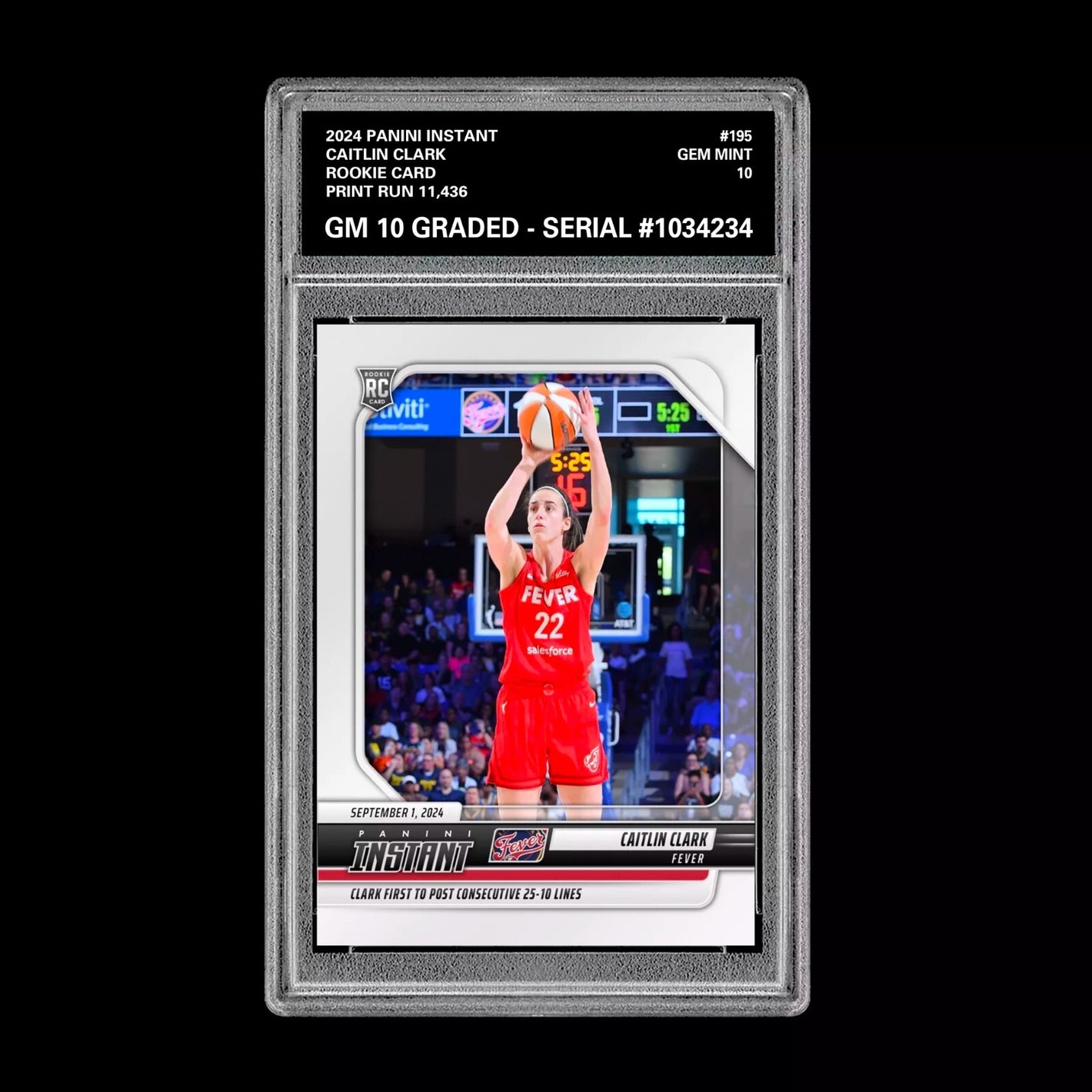 GRADED 10 CAITLIN CLARK #195 ROOKIE RC Card 2024 Panini Instant Indiana Fever Basketball