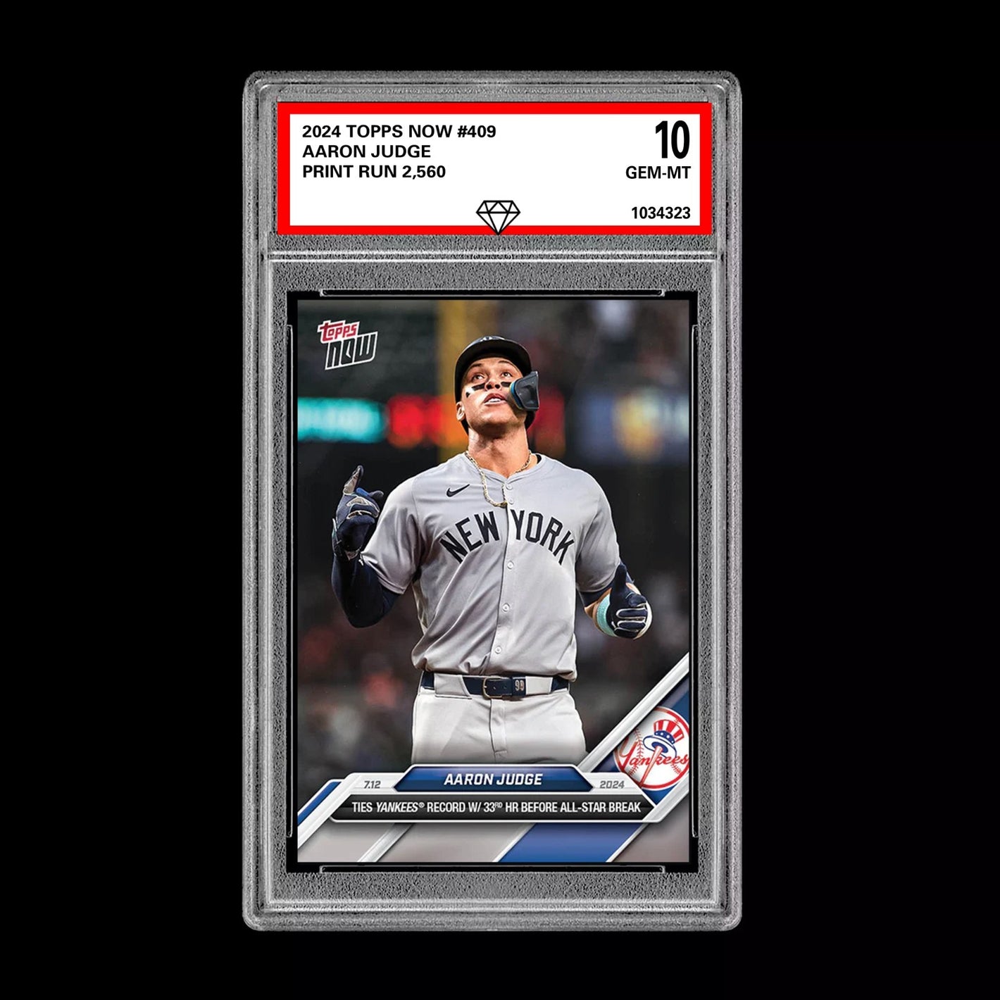 Graded 10 Aaron Judge 2024 Topps Now #409 Tied Yankees 33 HR's Atlanta Braves Baseball