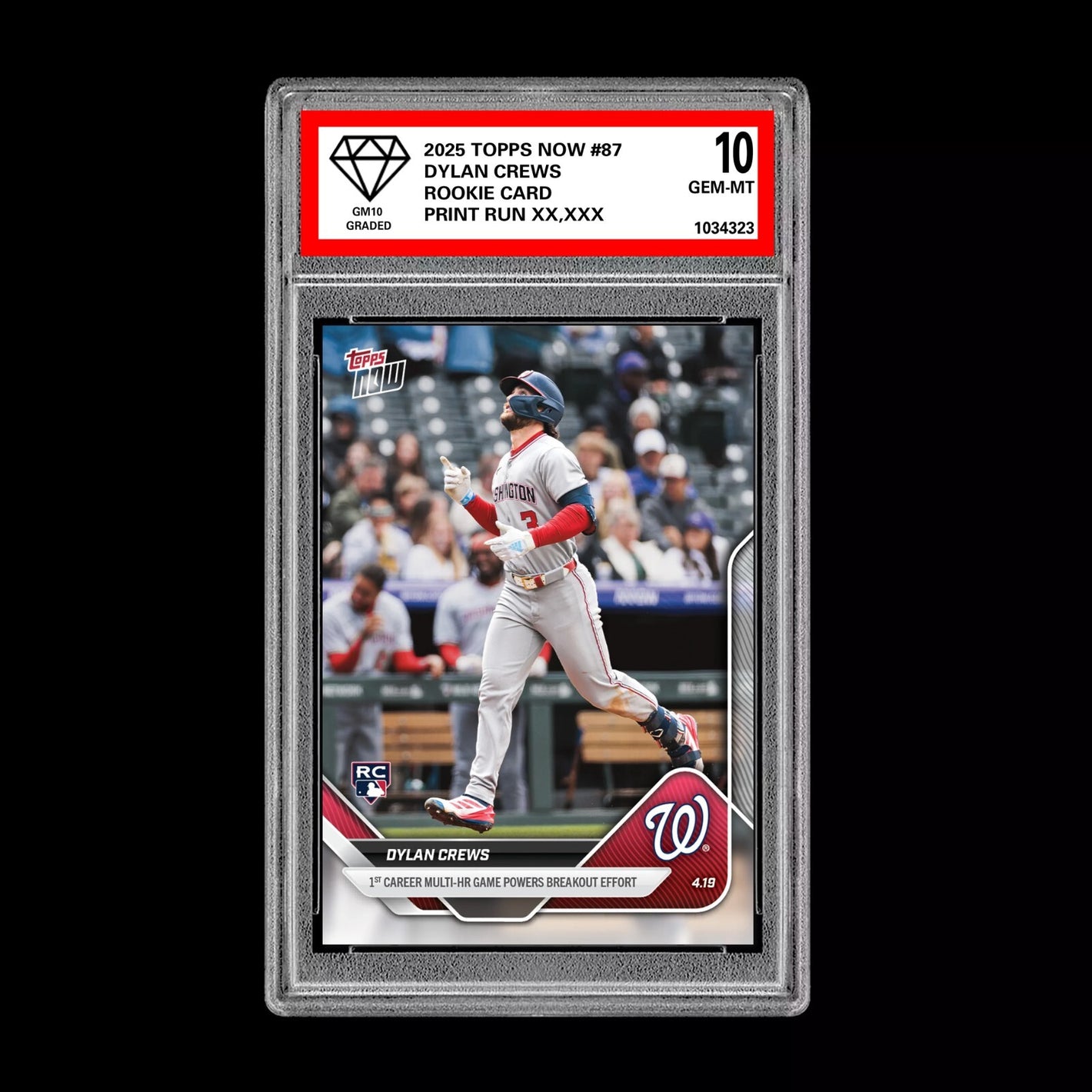 Graded 10 Dylan Crews RC Nationals Multi HR Game 2025 Topps NOW Card 87  Baseball