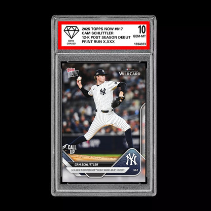 Graded 10 Cam Schlittler #817 2025 MLB Topps Now 12-K Post RC Rookie Card Baseball